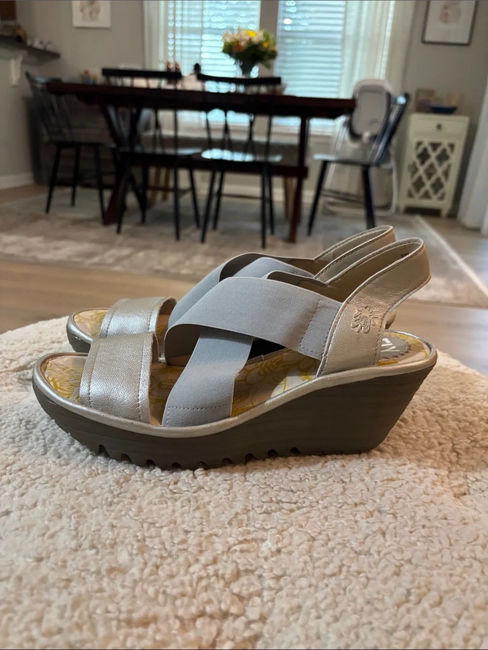 Fly London Yaji cross strap open toe wedge platform sandals silver metallic 39 8